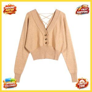 V Neck Button Knit Crop Sweater Batwing Sleeve V Back Pullover Y2K Chic